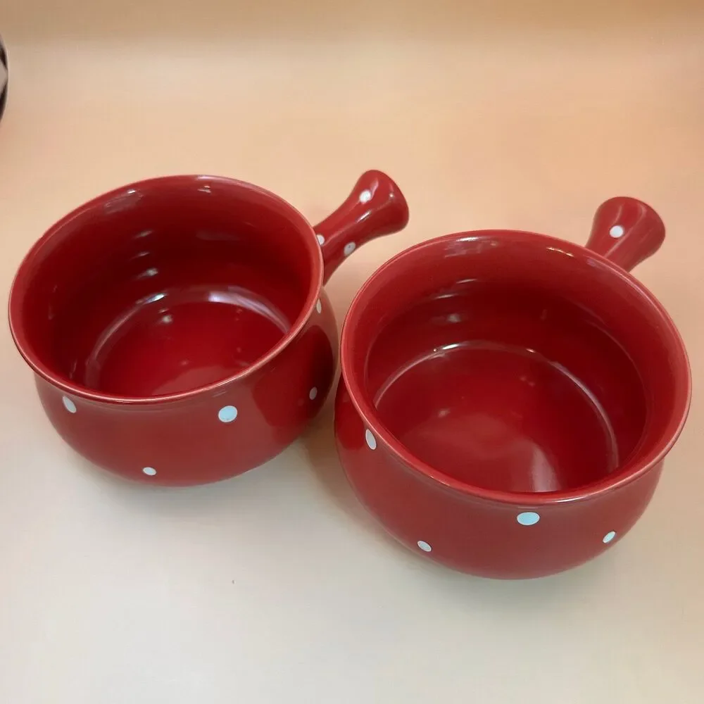 Temp-Tations By Tara Polka Dot Red 18oz Soup Crocks Bowls With Handles Set of 2